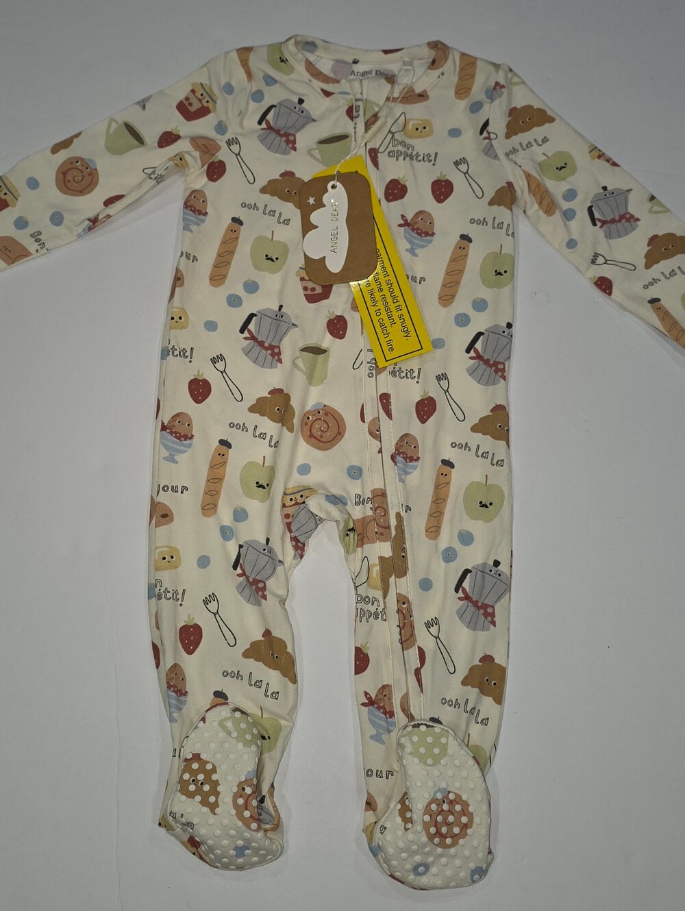 Angel Dear Cream Multi-Food Print Footed One-Piece Size 6-9 Months